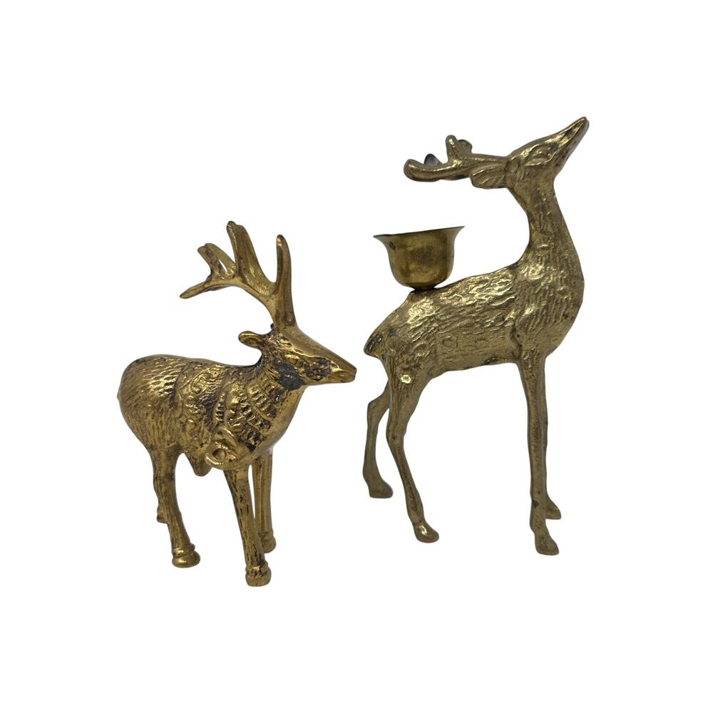 Vintage Brass Reindeer Figurines Mismatched Christmas Deer Candle Holder Lot